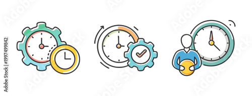 Time management icons with gears and clocks, representing efficiency and productivity.