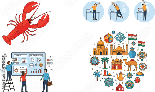 Creative illustration combining lobster seafood, office stretching exercises, project management teamwork, and vibrant cultural symbols representing Indian heritage and tradition