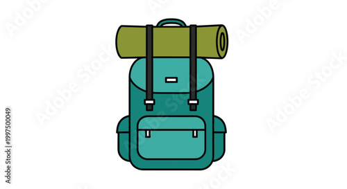 Teal hiking backpack with rolled mat.