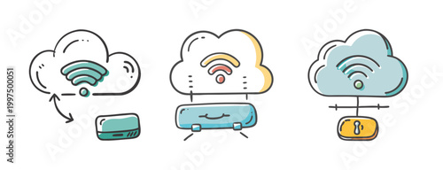 WAN and cloud network icons with routers, clouds, and Wi-Fi signals