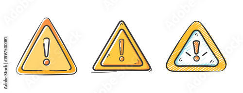 Set of three hand-drawn warning signs with exclamation marks in yellow triangles.