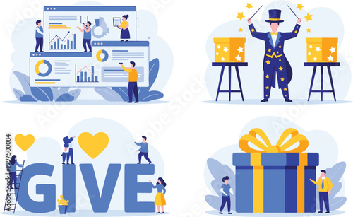 WebCreative illustration showing teamwork with data analytics, magical transformation, generosity through giving, and reward concept represented by gift box