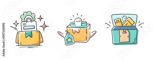 Welcome package icons showing open boxes with gifts, bags, and sparkling stars, representing surprise