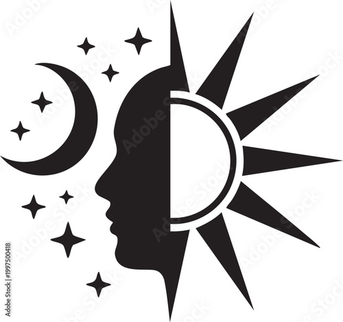 A symbolic illustration representing the contrast between day and night, featuring a human face divided into sun and moon, surrounded by stars.