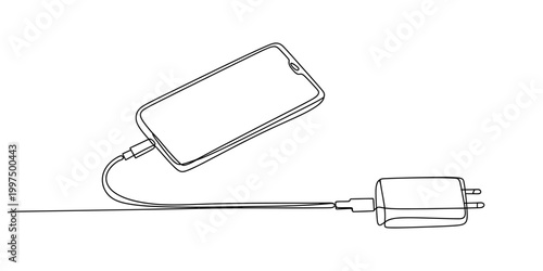 continuous one line drawing Vector mobile phone charger, smartphone power adapter, cable and plug, charging icon