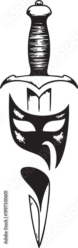 a black and white illustration of a dagger with a theatrical mask on a light gray background, symbolizing drama and danger, ideal for marketing, advertising, or editorial use