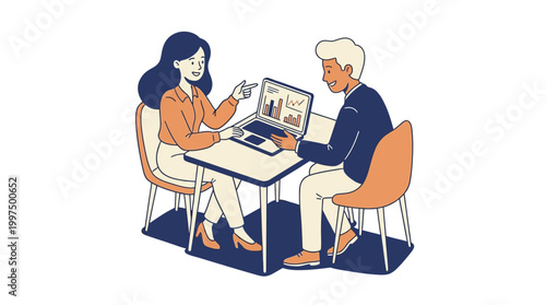 Two individuals analyzing data on laptop computer at a table using charts and graphs