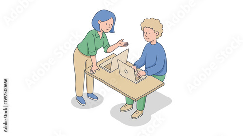 Woman instructing boy at table using laptops vector illustration for education