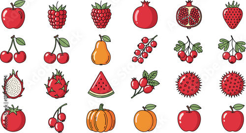 Fresh Fruit Illustration Set Featuring Apple, Strawberry, Cherry, Pomegranate, Watermelon, Pumpkin and Berry Elements for Healthy Food and Farm Design.