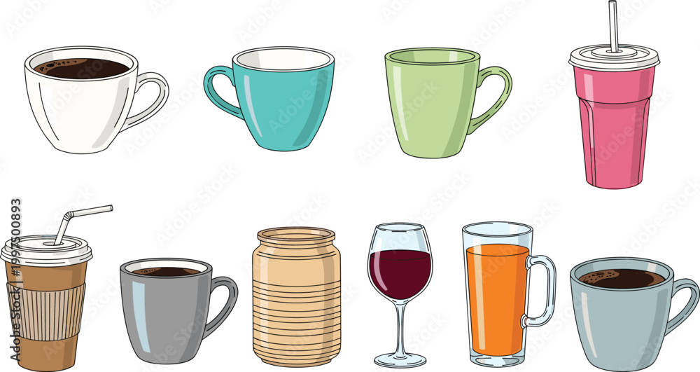 Obraz premium Beverage Cup Illustration Set Featuring Coffee, Juice, Smoothie, Wine and Glass Drinks with Mug and Takeaway Elements for Cafe Design.