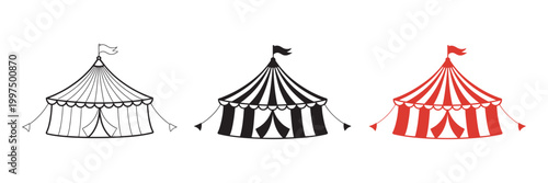 Circus tent icon set vector, striped big top carnival icons, red black flat outline flags symbol collection isolated design
