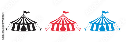 Circus tent icon set vector, big top carnival striped tents, red and black flat outline icons, clean circus symbol illustration isolated