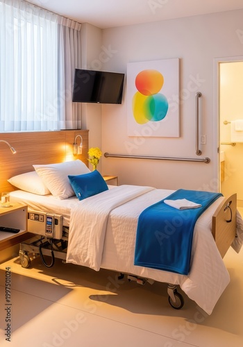 Modern accessible bedroom interior in a long-term care facility featuring an adjustable electric bed, grab bars, and wheelchair-friendly floor, grab bars, nursing home, medical