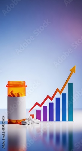 Orange pill bottle with white capsules next to a rising growth chart, symbolizing expensive healthcare treatments and high medicine pricing, hospital, background, prescription