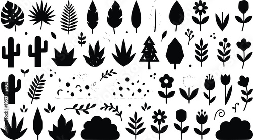 Botanical vector silhouette set of diverse leaves branches flowers and desert plants isolated on solid white background