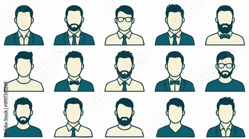 Set of diverse male avatar icons with various hairstyles and clothing styles