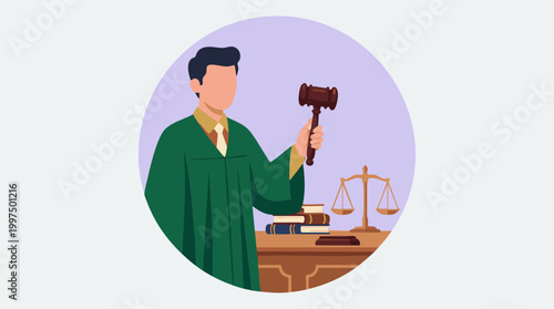 Judge in Green Robe Holding Gavel with Books and Scales of Justice
