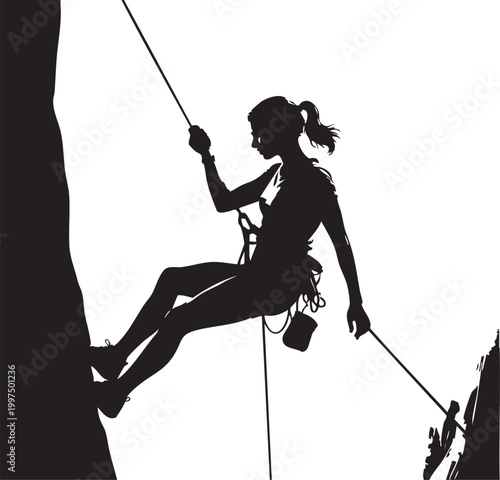 a female rock climber in silhouette climbing a mountain with ropes and harness