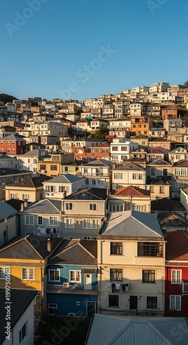 Colorful houses cascade down a sunny, hilly urban landscape under a clear sky