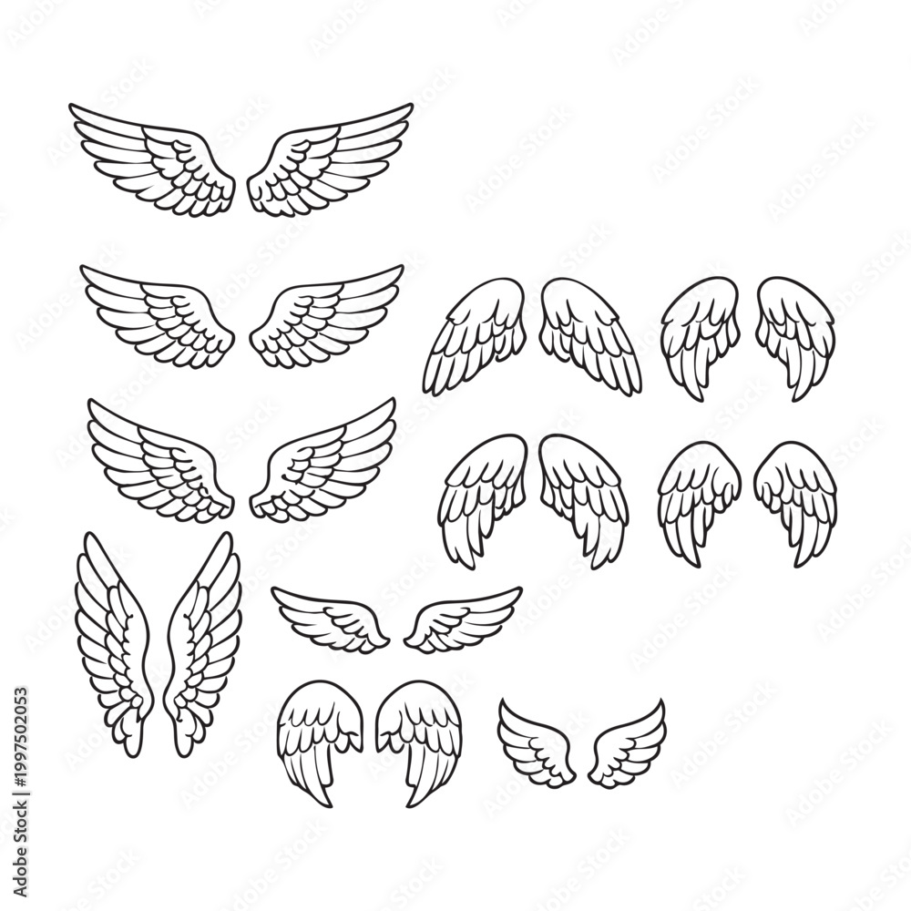 Fototapeta premium Angel Wings Line Art Set – Detailed Feathered Wing Vector Collection