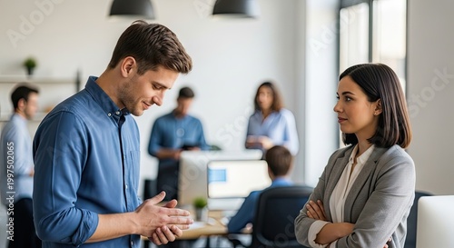 Two business professionals discussing in an office setting.