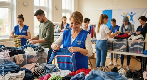 A group of volunteers sorting through donated clothing in a community center.