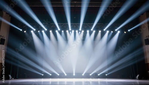 Stage lighting setup for live events theatre hall photography dramatic environment wide angle view artistic concept