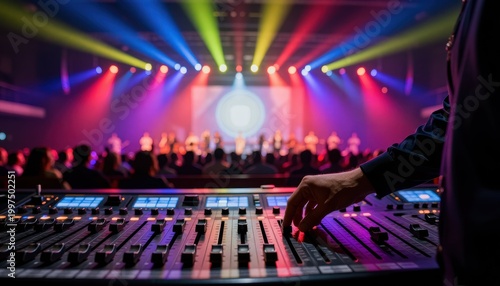 Live music event performance concert hall audio engineering control dynamic lighting atmosphere close-up view entertainment experience