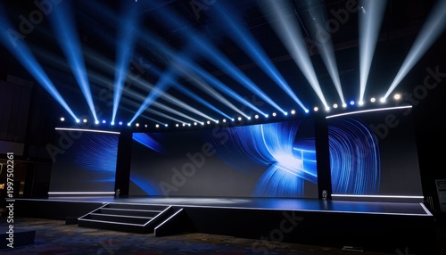 Exciting stage setup for technology conference convention center event showcase modern environment wide-angle view innovation showcase