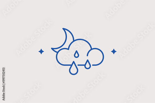 Rainy night line icon for evening weather forecasts and nocturnal precipitation tracking. Atmospheric vector illustration for mobile weather widgets and sleep-cycle monitoring apps.