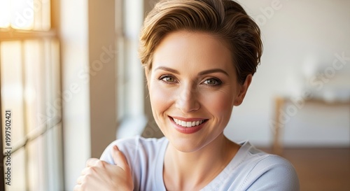 Free Download A woman with short hair smiling in a bright, well-lit room. - GFXLoad