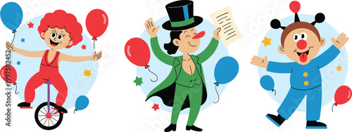 Cartoon vector illustration of circus showing clowns ringmaster festive playful cheerful creative colorful design