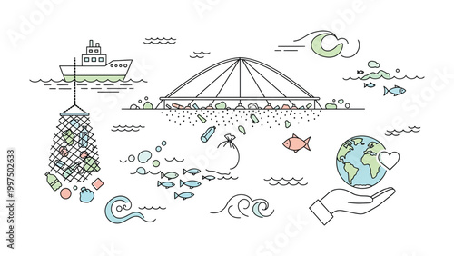 Ocean Ecosystem Preservation: A detailed illustration showcasing the delicate balance of the ocean ecosystem. It highlights environmental protection