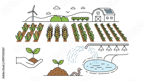 Sustainable farming practices: An illustrated depiction of modern sustainable farming, showcasing key elements such as solar panels, wind turbines, crop irrigation and diverse cultivation practices. 
