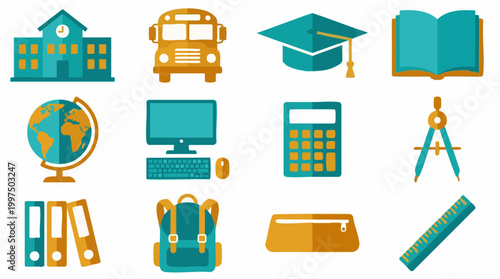 Set of education and school supplies flat design vector icons