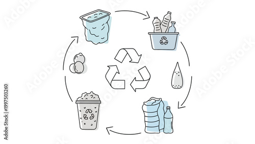 Recycling Process Illustrated: A comprehensive illustration showcasing the circular journey of recyclable materials, including paper, plastic, and glass.