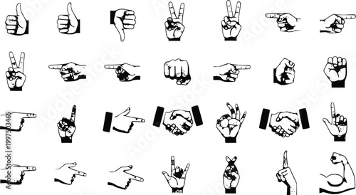 Vintage engraving vector set of human hand gesture icons including thumbs up pointing fist and handshake isolated on white