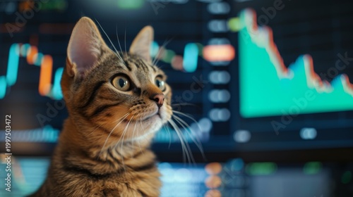 Tabby cat with green eyes gazes thoughtfully in front of a digital stock market display showing fluctuating graphs and data in a modern office setting