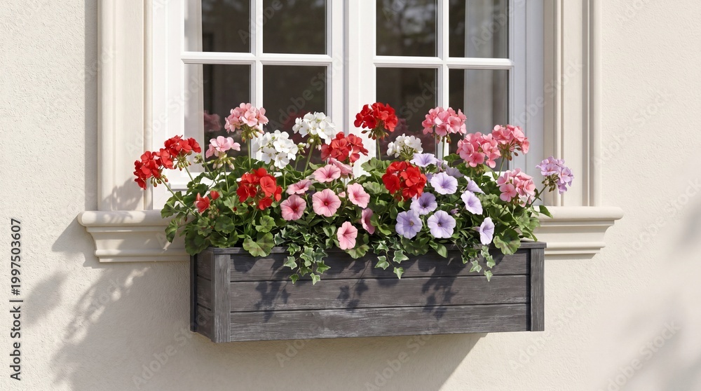 Fototapeta premium Flower box with colorful blooms on a window ledge in daylight 