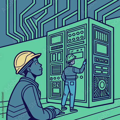 Two technicians working on server in data center