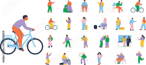 Cartoon vector illustration of daily activities showing diverse lifestyle actions creative colorful modern design