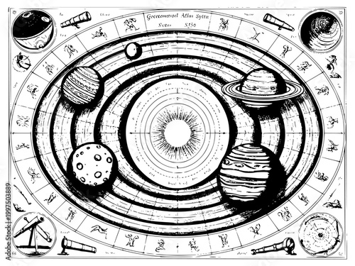 Antique celestial map of solar system with planets in orbits around sun surrounded by telescopes and astronomical signs in detailed vintage woodcut style for science.