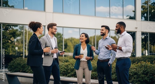 A group of five business professionals standing outside a modern office building, engaged in a conversation.