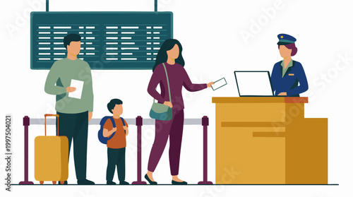 Family at airport check-in counter with staff and flight information board