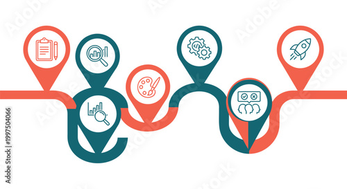 Business timeline infographic with 6 steps, project roadmap vector with map pin icons, corporate process flow chart for strategic planning and development