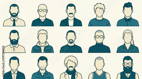 Diverse set of male avatar icons with various hairstyles and facial hair