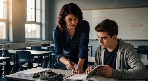 A teacher helping a student in a classroom setting.