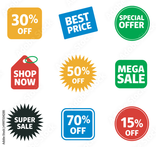 Sale discount labels set vector, special offer best price mega sale badge collection, promotional stickers isolated design