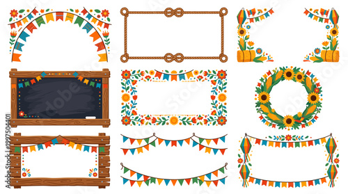 Collection of colorful festive banners and chalkboard