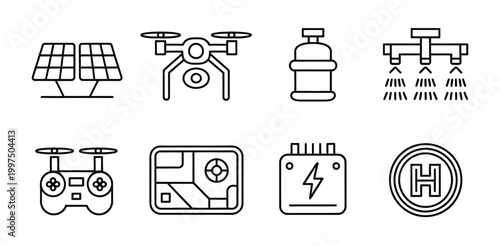 Drone agriculture spraying crop field grid with tank nozzle  mapping remote controller battery landing pad vector illustration
